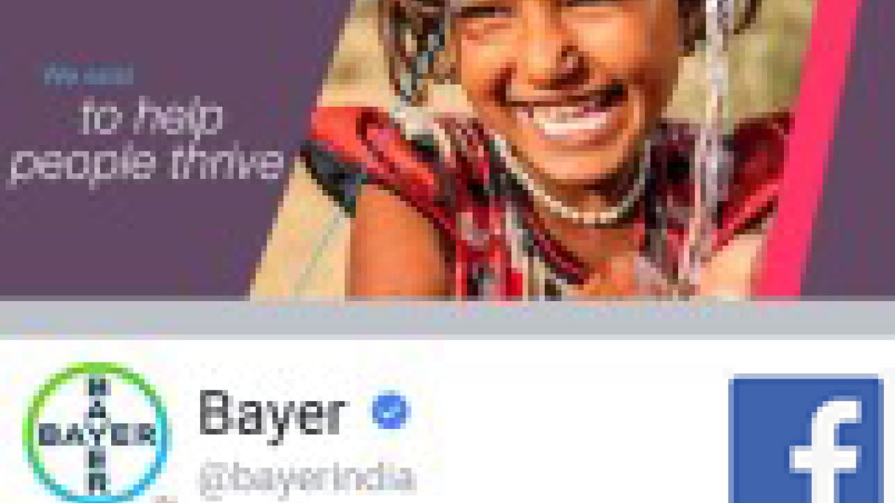 Smiling child next to Bayer's social media profile, featuring their logo and a tagline: "to help people thrive.