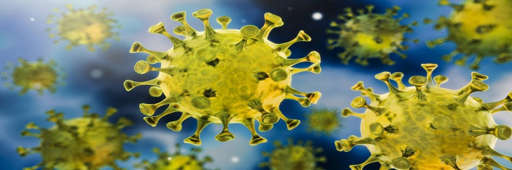 Illustration of multiple green and yellow spiky spherical viruses against a blue background.