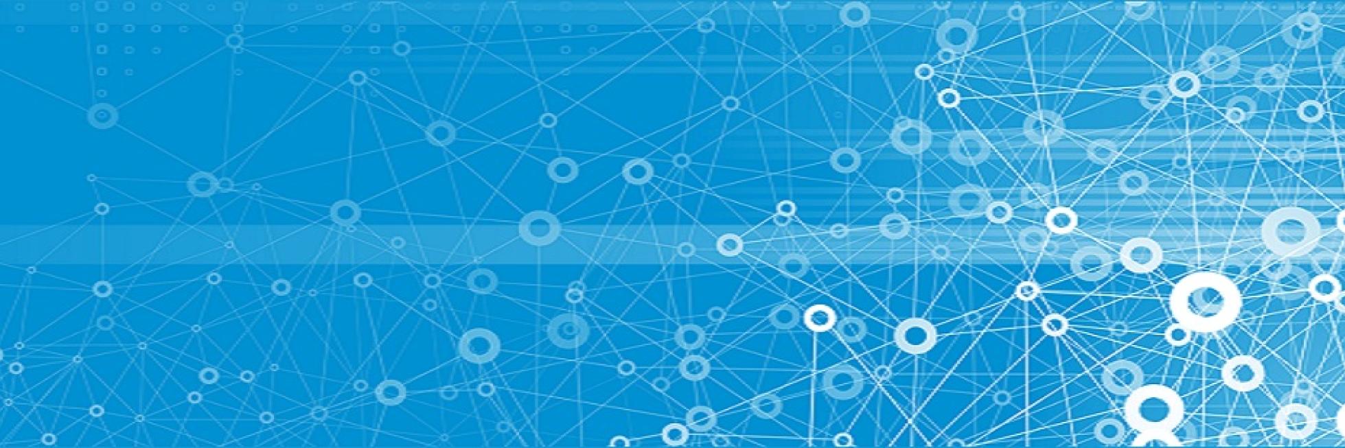 Abstract blue background with interconnected white lines and circles, creating a network pattern.