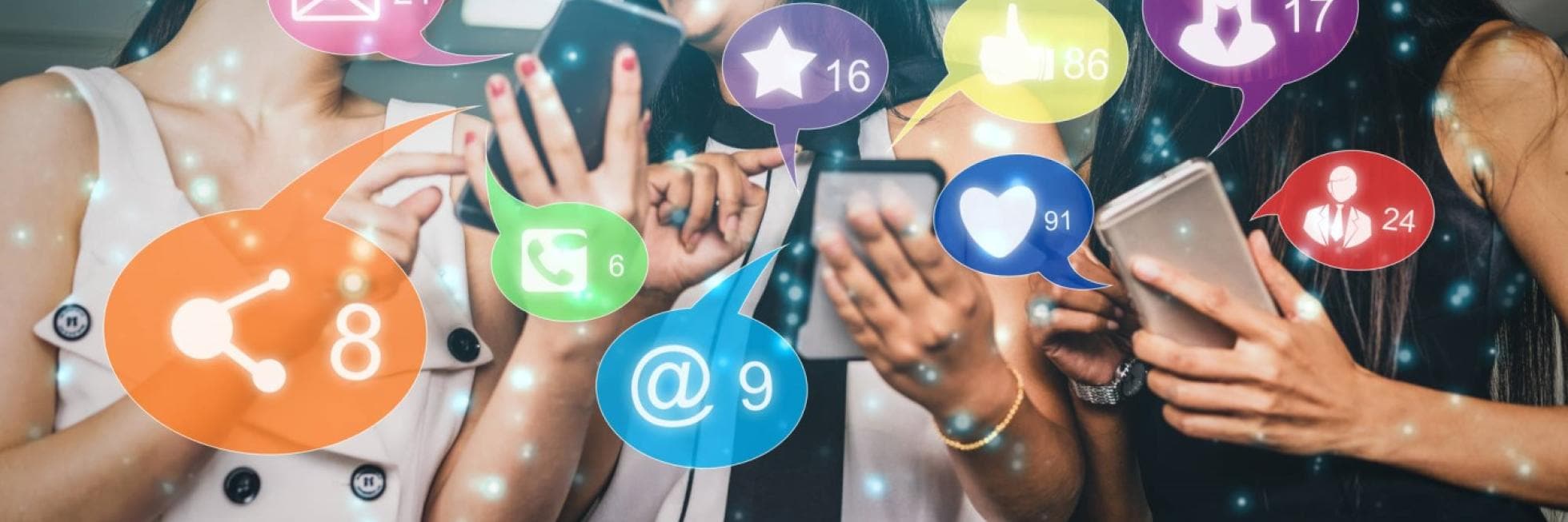 Three people using smartphones with colorful social media icons and notifications floating around them.