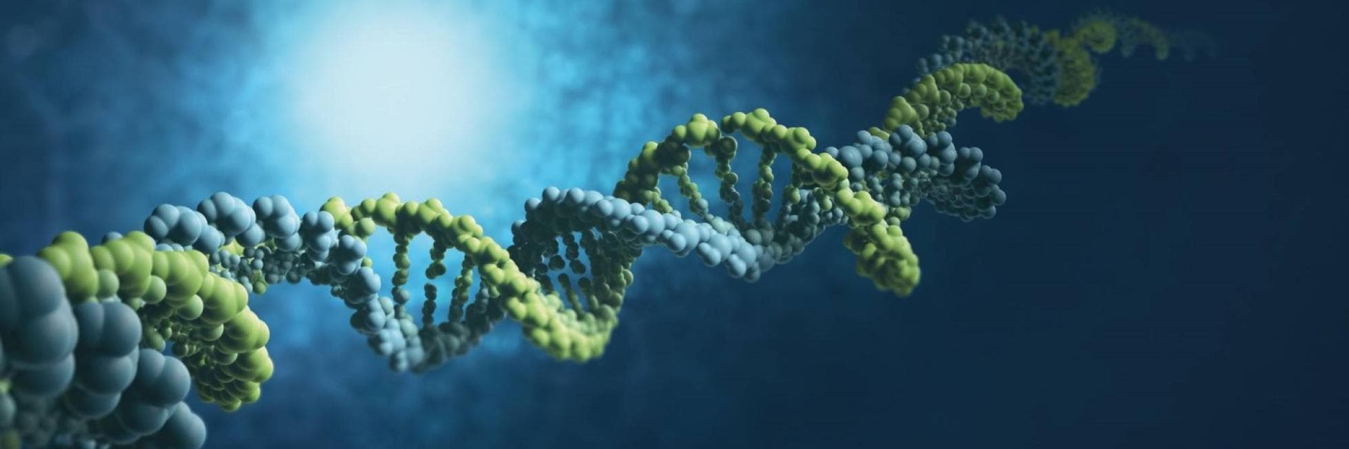 A 3D rendering of a DNA double helix strand, with green and blue segments, set against a blurred blue background.