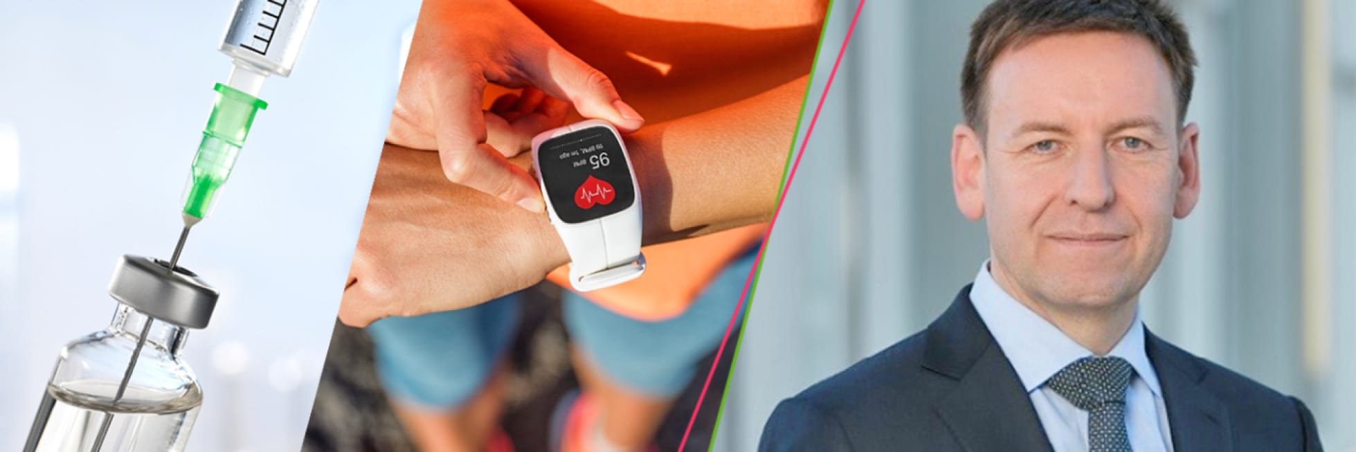 Composite image showing syringe and vial, person checking a smartwatch for pulse rate, and a man in a suit smiling.