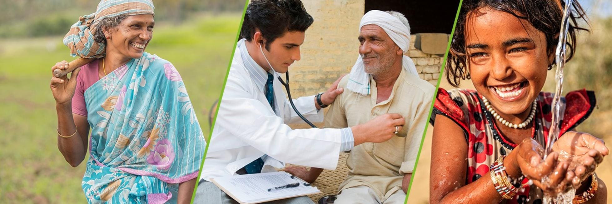 A woman in a field, a doctor examining an elderly man, and a smiling girl playing with water.
