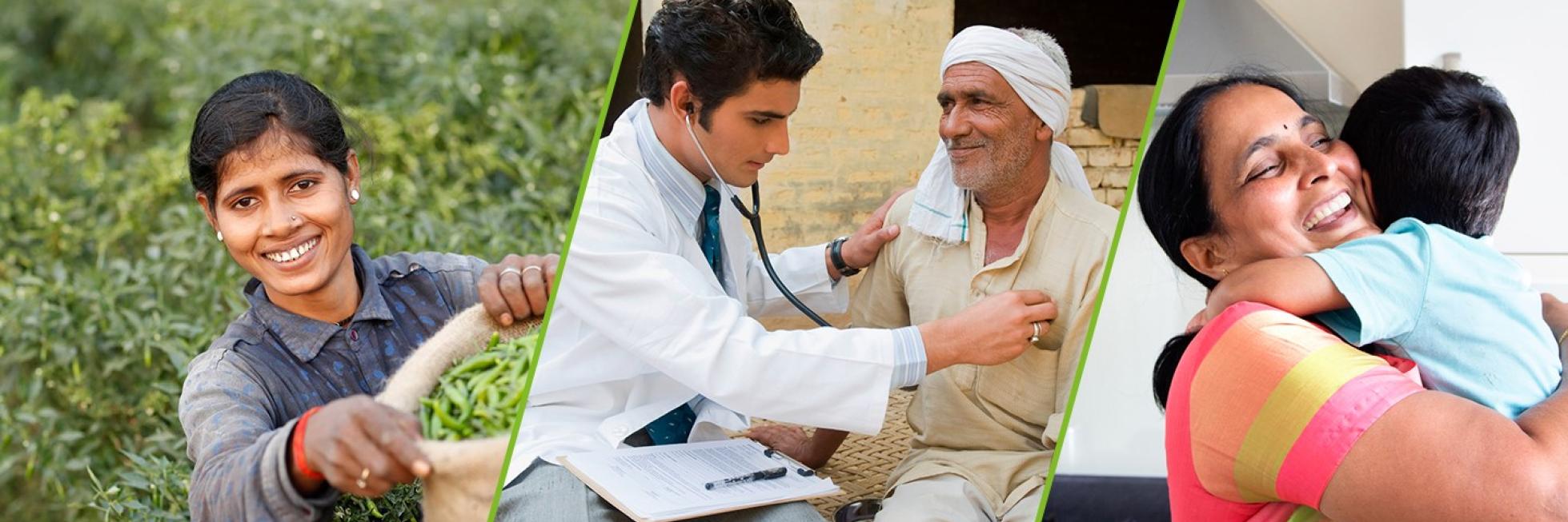 Three side-by-side images of: a woman harvesting crops, a doctor examining an elderly man, and a woman smiling while holding a child.